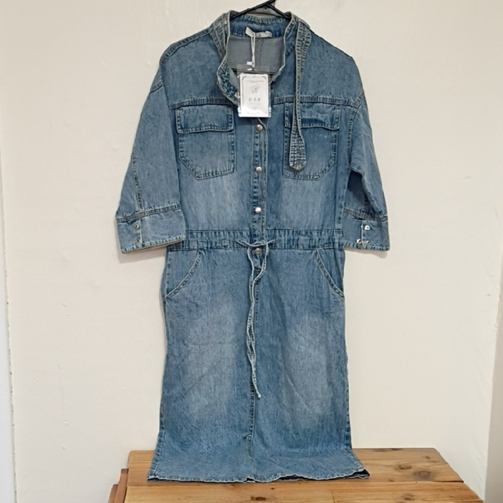 OS Fashion Denim Drawstring Waist Midi Dress Size L NWT